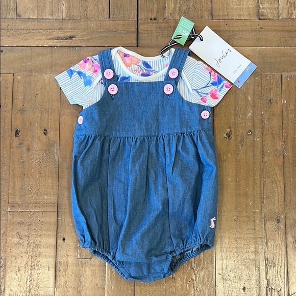 Joules linney chambray floral short sleeve tee romper set nwt - Picture 1 of 9